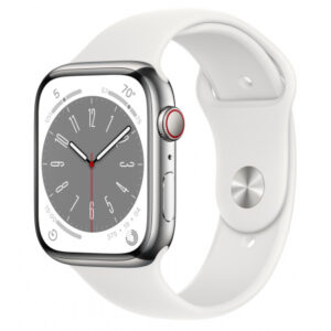 Apple Watch S8 45mm Silver Stainless Steel Case with White Sport Band