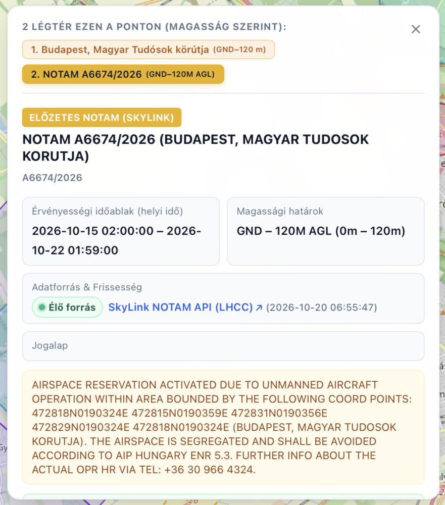 Egy kiválasztott légtér bővebb információi